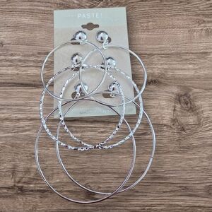 Pastels Clothing Shiny Silver Multi-Hoop Dangle Earrings Clip On